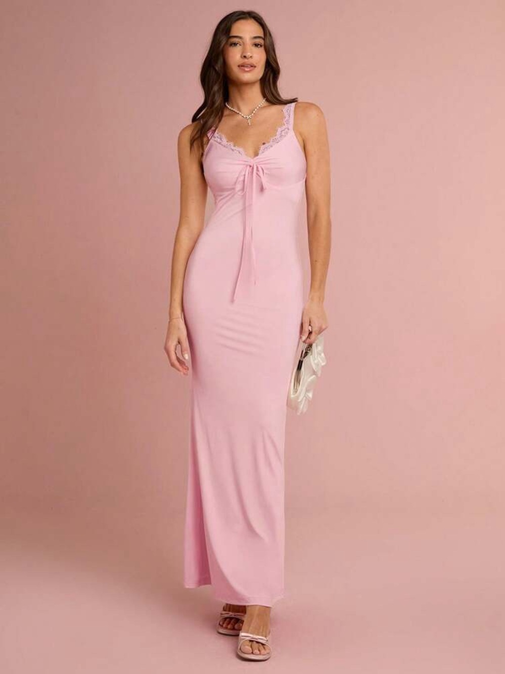 bebe Pink Lace-Trim Maxi Dress with Front Tie NWT size M
